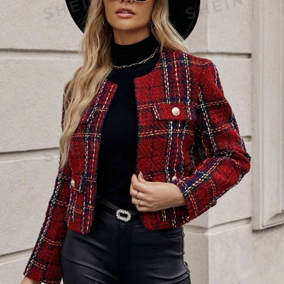 Clasi Autumn Casual Plaid Cropped Woolen Jacket - Picture 3 of 5